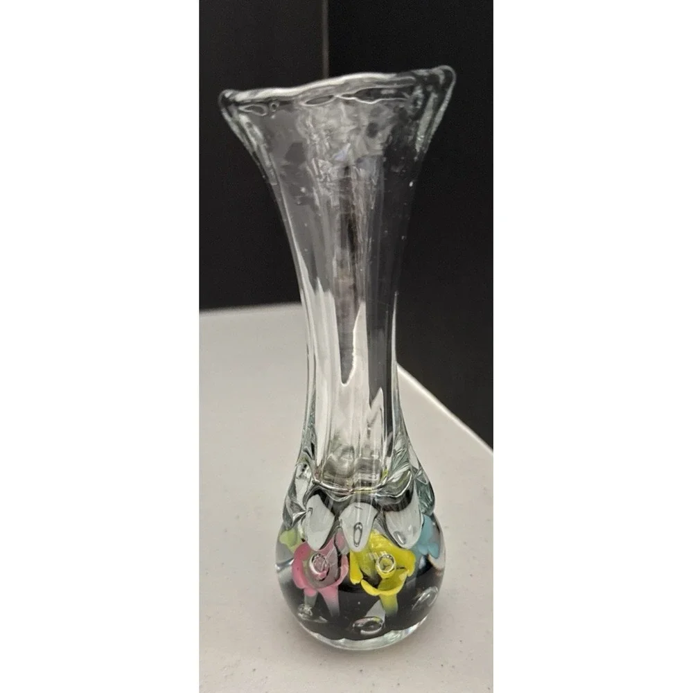 Vintage MCM St Clair Art Glass Bud Vase Pastel Flowers Handblown with Bubbles